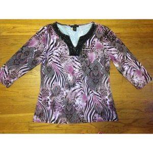 WOMENS ANIMAL PRINT BEADED BLOUSE SUSAN LAWRENCE L